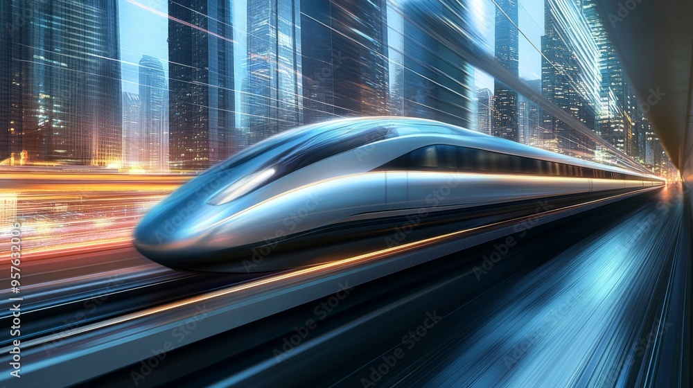 Poster A sleek high-speed train zooming through a modern urban landscape, with skyscrapers in the background and motion blur effects emphasizing its speed and efficiency.