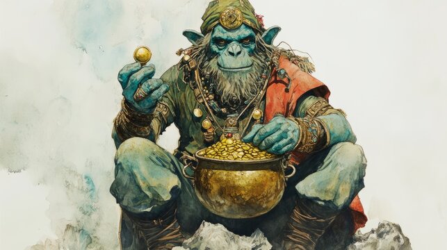 Kubera, God of Wealth, Watercolor Painting on White Background | Hindu Mythology Art