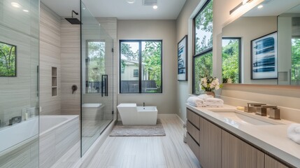 A modern bathroom with a large mirror, a floating vanity, and a walk-in shower with a rain showerhead.