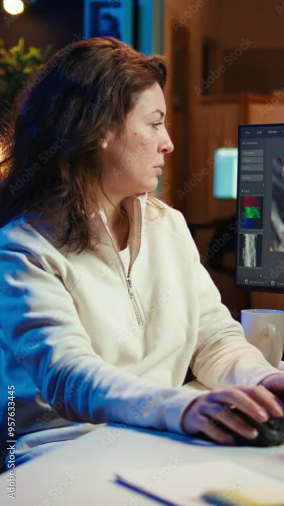 Poster vertical video video editor selecting key frames to use while doing video montage, working from home