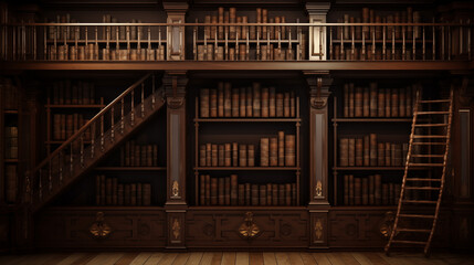Dark Antique Library Interior Wooden Shelves Ladder and Books