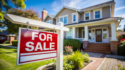 house for sale, sign saying "for sale" in the background a house indicating that the property is for sale, AI