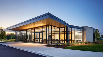 Obraz premium A modern health clinic with clean lines, large glass windows, and a welcoming, accessible entrance.