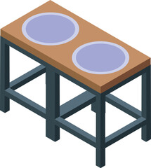 Double dog bowl standing on a wooden table with metal legs for pet food, isometric icon