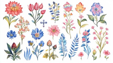 Mughal Garden Watercolor Illustrations: Elegant Floral Designs on White Background