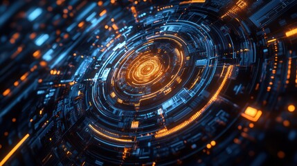 Fototapeta premium Abstract Digital Art: Glowing Orange and Blue Circular Pattern