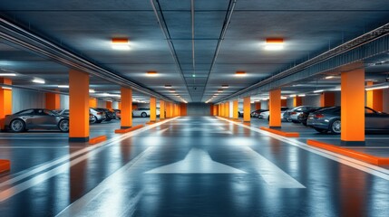 A modern parking garage with sleek design, bright lighting, and a well-organized layout.