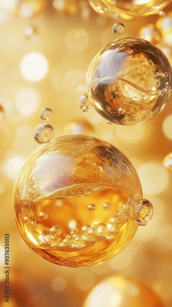 Poster golden bubbles floating in a luminous background, capturing the essence of light and texture in a cl