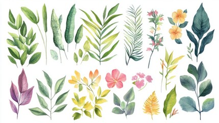 Mughal Garden Watercolor Elements: Beautiful Floral Illustrations on White Background