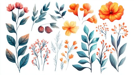 Mughal Garden Watercolor Elements Collection: Botanical Illustrations for Design Projects