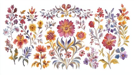 Mughal Garden Watercolor Elements: Elegant Botanical Illustrations