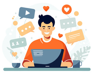 Professional community manager working. Colorful minimalist illustration