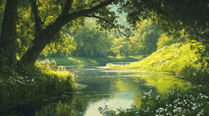 Fototapeta premium A tranquil river flowing gently through a lush green valley, with overhanging branches and wildflowers along the banks, reflecting the calmness of a summer's day.