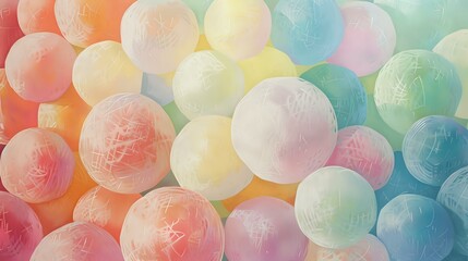A soft, pastel-toned image of round, textured candy-like spheres in various colors. Perfect for themes related to sweets, desserts, pastel aesthetics, or playful design projects.