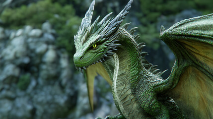 A green scaly dragon close-up in the mountains, with a sharp gaze and spread wings