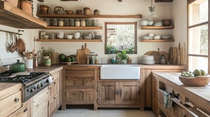 A rustic kitchen with wooden cabinets, open shelving, and a farmhouse sink, creating a warm, inviting space.