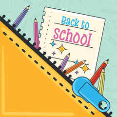 Yellow zipper pouch with pencils and back to school note Vector