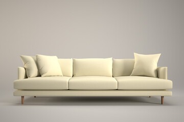 White sofa with several pillows on it on a gray background.