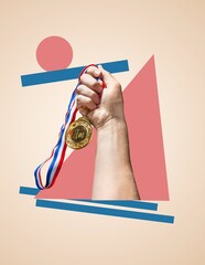 collage picture of arms hold gold medal