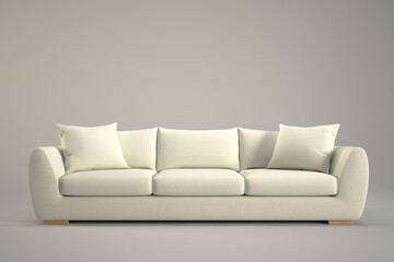 White sofa with several pillows on it on a gray background.