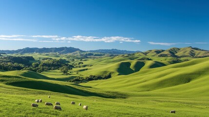 Fototapeta premium A scenic view of rolling green hills, dotted with grazing sheep and framed by a clear blue sky.
