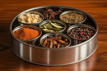 Indian round spices box or indian masala dabba with seven containers on a wooden table