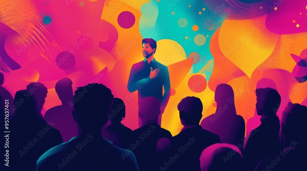 Poster A vibrant image of a thought leader speaking at a conference, with a dynamic background of abstract shapes and colors, capturing the energy of innovative ideas.