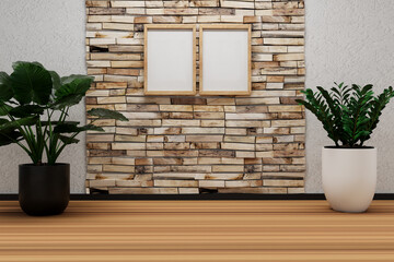 Interior design with elements like white walls, wooden floors, frames, plants, pots, and stone walls.