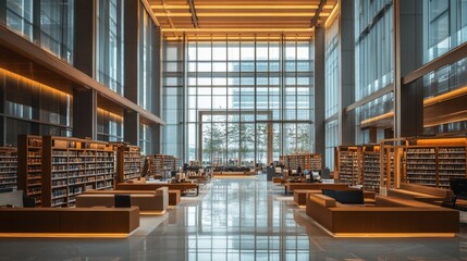 Obraz premium A sleek city library with a contemporary design, large glass walls, and a bright, open interior.