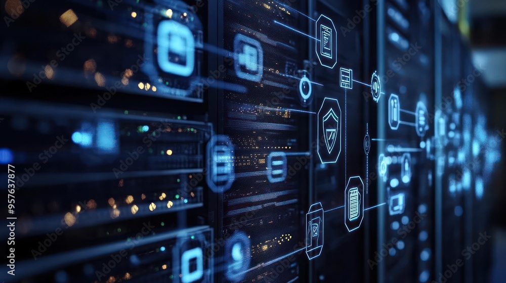 Poster cybersecurity and data protection: server rack with digital security icons