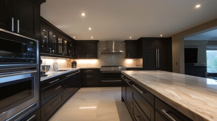A sleek, modern kitchen with dark cabinets, a marble countertop, and under-cabinet lighting, creating a stylish cooking space.