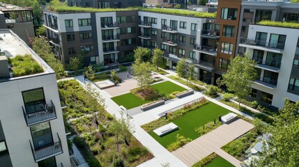 A sleek new apartment complex with geometric design, green rooftops, and a spacious outdoor area for residents.