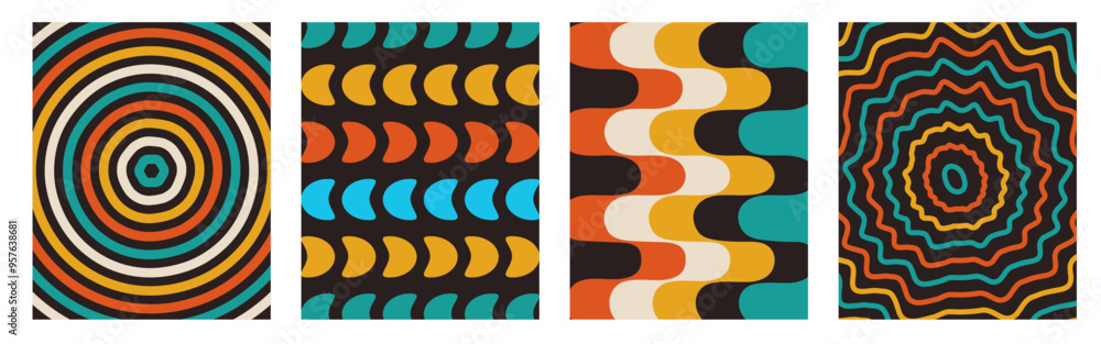 Poster set and collection trendy twirl backgrounds. hippie and y2k style. groovy swirl and retro psychedeli