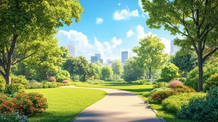 Fototapeta premium A vibrant green city park with manicured lawns, trees, and a walking path, providing a tranquil urban escape.