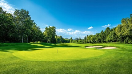 A vibrant green golf course with neatly trimmed fairways, sand traps, and a clear blue sky overhead.