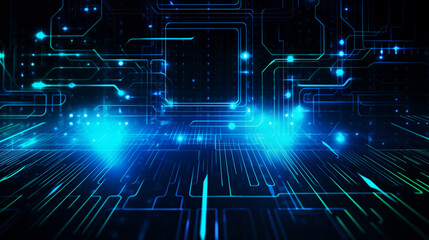 Fototapeta premium Futuristic Circuit Board with Blue Glowing Light and Tech Patterns