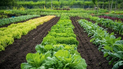 A vibrant green vegetable garden with neatly planted rows of various greens and colorful plants.