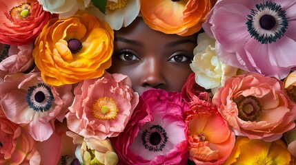 A woman surrounded by vibrant flowers that enhance her beauty captured in a creative floral arrangement during bright daylight