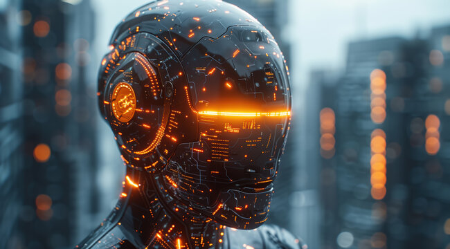 AI Artificial intelligence cyber. Futuristic AI abstract design, intricate circuitry pattern. AI Robot face, virtual human, virtual character, digital clone, machine learning. Realistic photo