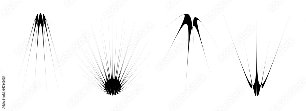 Poster Black thin spiky element set. Abstract sharp thorn shapes and angular twinkles bundle. Futuristic spoke objects for poster design, collage, banner, badge, logo, card, icon, label, sticker. Vector