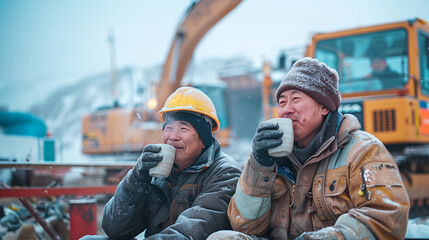 工事現場で休憩する男性