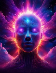 neon cosmic space entity with glowing eyes portrait