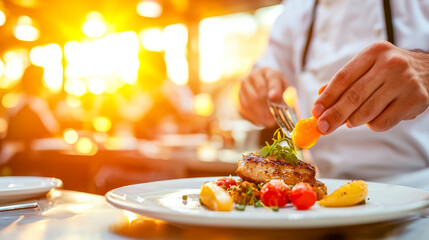Culinary Artistry: A chef's meticulous touch, garnishing a gourmet dish with precision in a sun-drenched kitchen. 