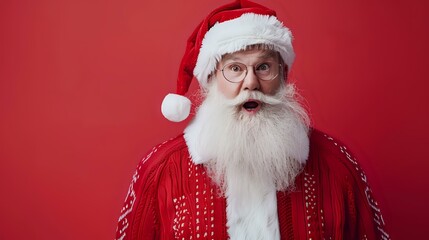 Santa Claus in a festive red sweater and hat, showing a surprised expression against a bright red background. Ideal for holiday advertisements, promotions, and Christmas-themed designs.