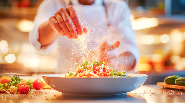 Culinary Artistry: A chef's delicate touch adds a sprinkle of magic to a vibrant pasta dish in a professional kitchen, showcasing culinary expertise and passion. 