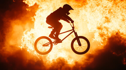 Defying Gravity, Embracing Fire: Silhouette of a BMX biker soaring through a ring of fire, embodying courage and adrenaline. 