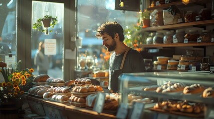 cozy image of a bakery shop with a bearded baker behind the counter, surrounded by freshly baked goods and sunlight streaming through the window. Ideal for food, small business