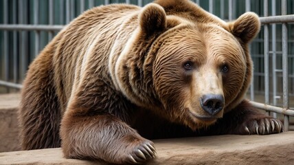 Obraz premium a brown bear in a zoo, feeling sad for being locked in a cage
