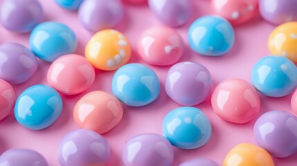 Colorful pastel candy drops scattered on pink surface, perfect for confectionery advertising, sweet treats packaging design or food industry marketing materials.
