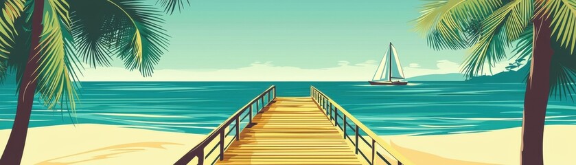 Fototapeta premium A serene beach view featuring a wooden pier, palm trees, and a peaceful ocean with a sailboat. Perfect for vacation themes.